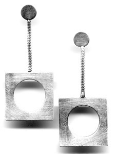 CIRCLE IN SQUARE $145-sterling silver earrings with sanding disk texture and snake chain (1 3/4" post earrings)
